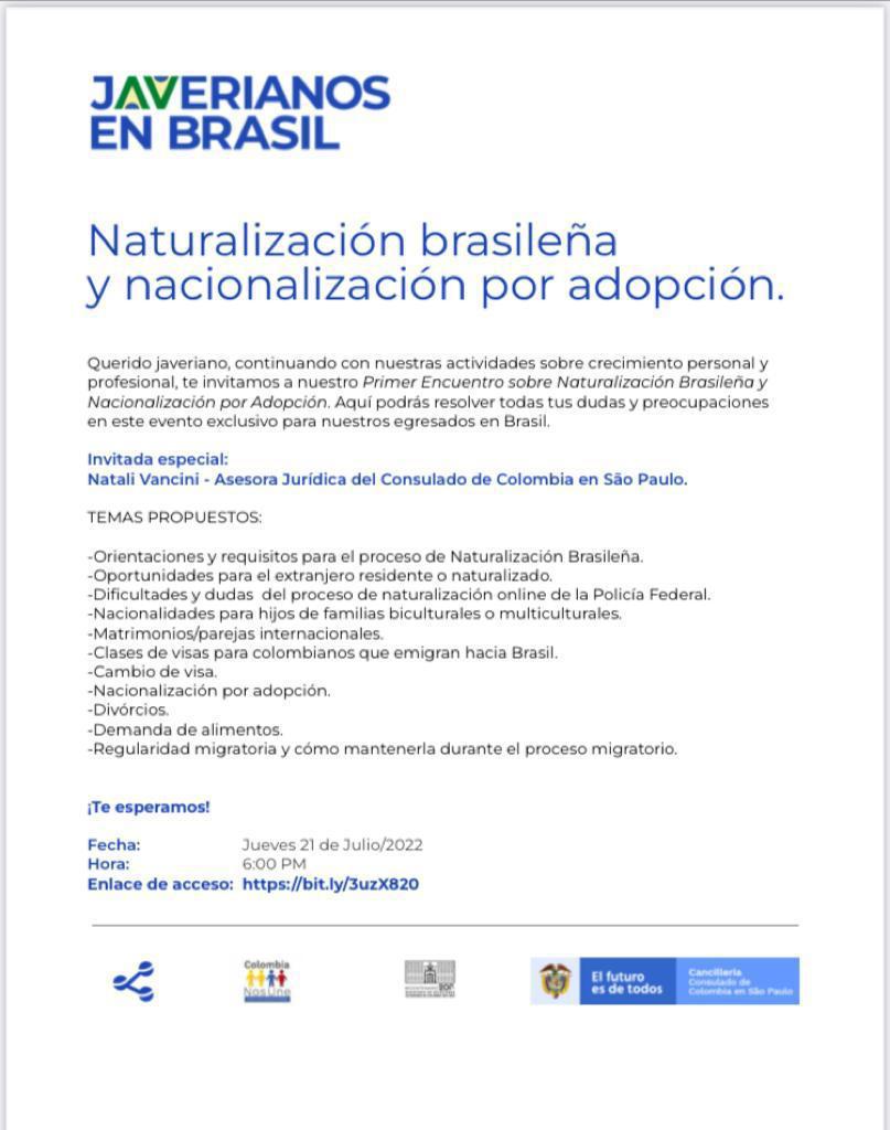 Imagen del evento Encuentro virtual sobre Naturalización brasileña y nacionalización por adopción. 21/07/2022.